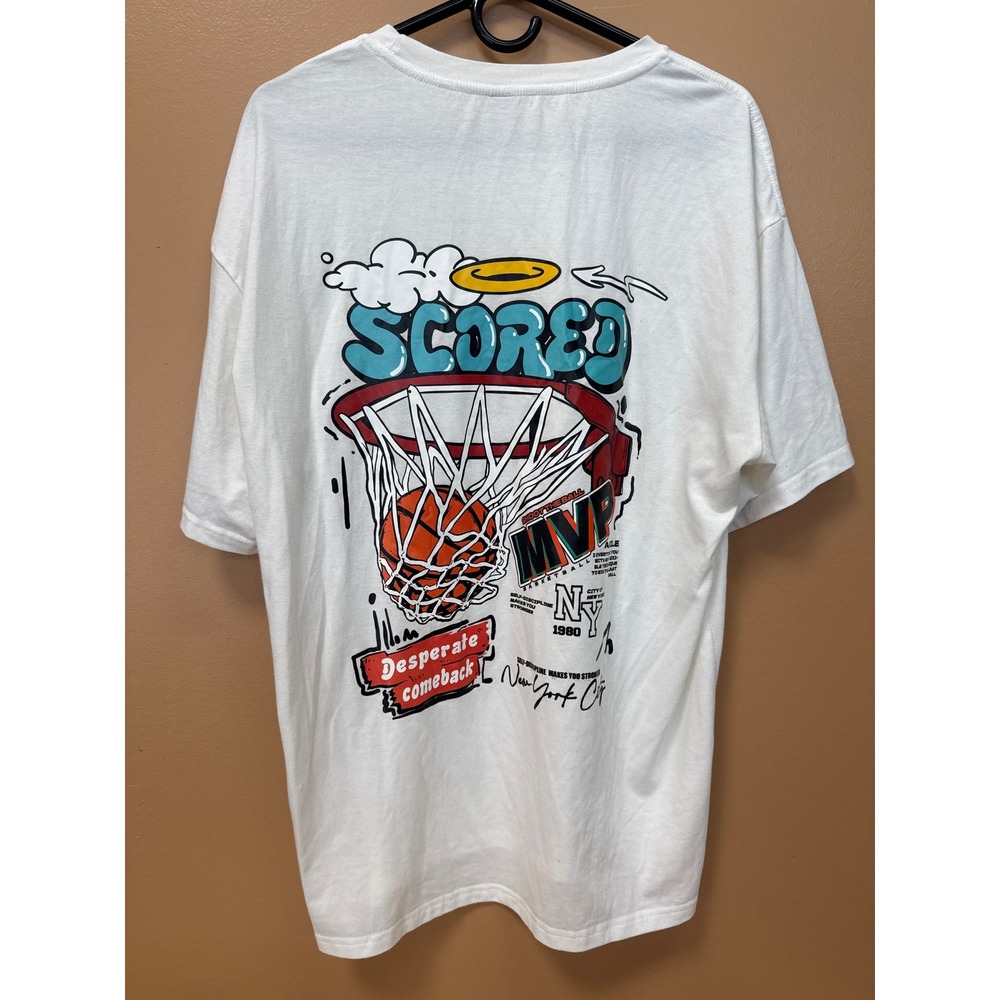 ROMWE Mens White Basketball Graphic T-Shirt MVP Scored New York City Size S
